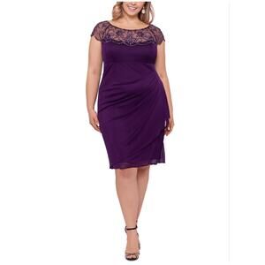 XSCAPE Beaded Chiffon Short Sleeve Ruched Sheath Cocktail Dress Purple Size 16